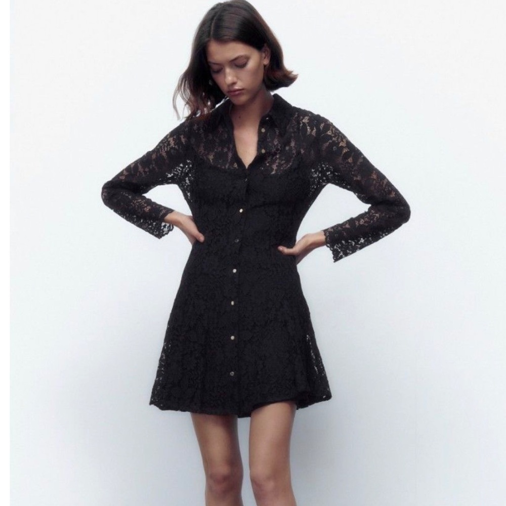 Zara XS Black Lace Collared Mini Shirt Dress Gold Buttons Party